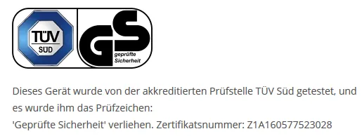 Das TÜV-Süd- und GS-Zeichen des Fuxtec CT500 mit Zertifikatsnummer